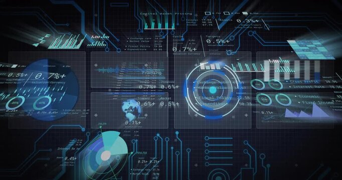 On load multi-panel HUD sliding strips, rotating target, sweeping sonar, providing analytics