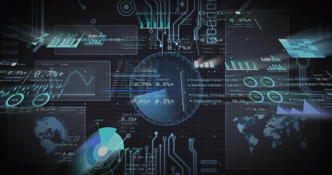 Central dashboard rotating, filling pie segments after circuit pulses, updating fiscal metrics
