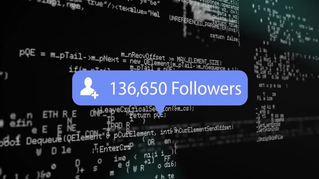 Blue follower bubble sliding in over scrolling code, updating counts for social media growth