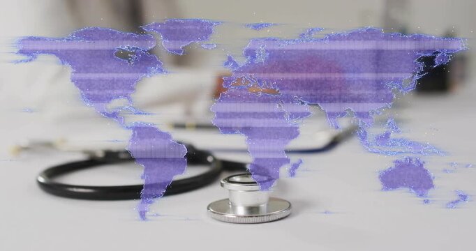 Map overlay appearing over stethoscope, shifting from scanlines to dotted net, showing health data