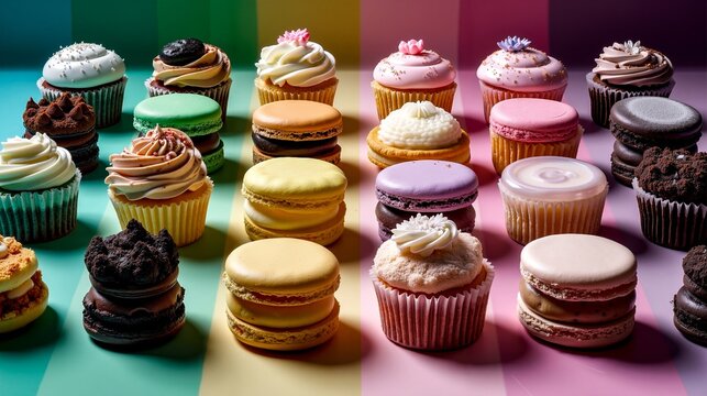 A variety of cupcakes and macarons on a colorful background