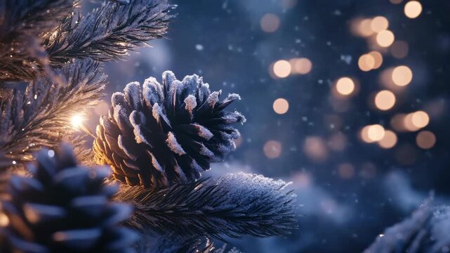 Glowing pine cone on a branch with holiday lights in the background.