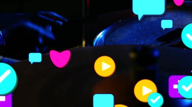 Drummer tapping cymbal with stick, causing colorful reaction icons accumulating over tom for music