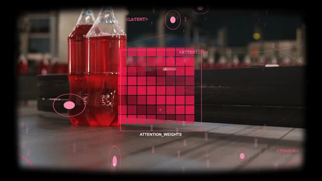 Vertical video: ATTENTION_WEIGHTS appearing, nodes scanning two bottles moving on belt for QC