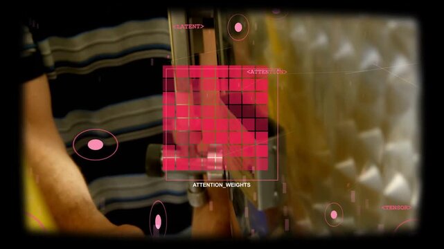 Hand touching valve starting dispensing, man placing white cup for filling while pink HUD animating