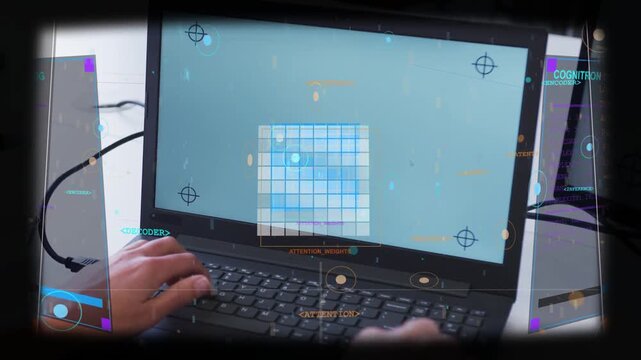 Laptop and hands typing on keypress, updating grid and rising blue block, HUD animating for insight