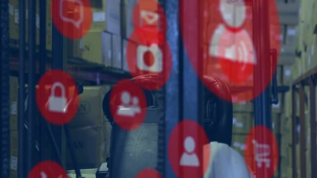 Animated red icons shifting over forklift cabin, revealing white hard hat and warehouse shelves