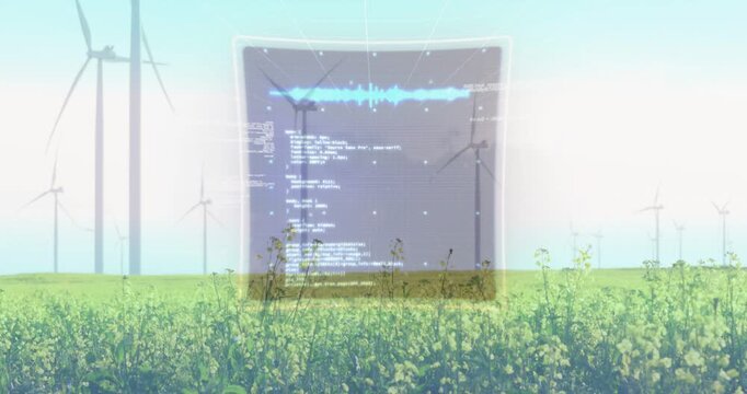 Hologram monitoring UI activating over wind farm, analyzing turbines, pulsing ring, scrolling code