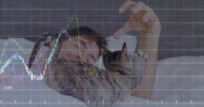 Man in bed raising hand petting as cat walking onto chest finance charts overlaying fading bonding