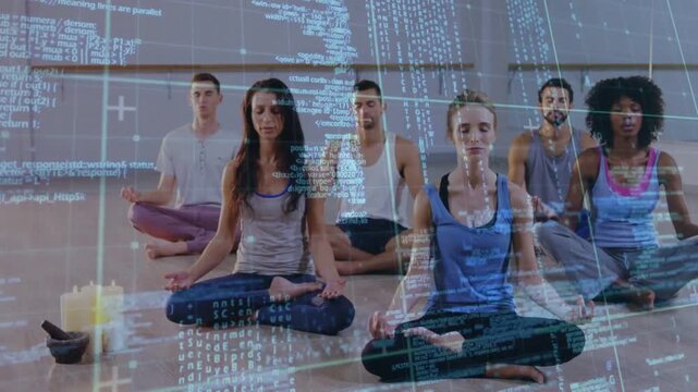 Group sitting in yoga, frames moving code overlay drifting over group, candles, showing breath