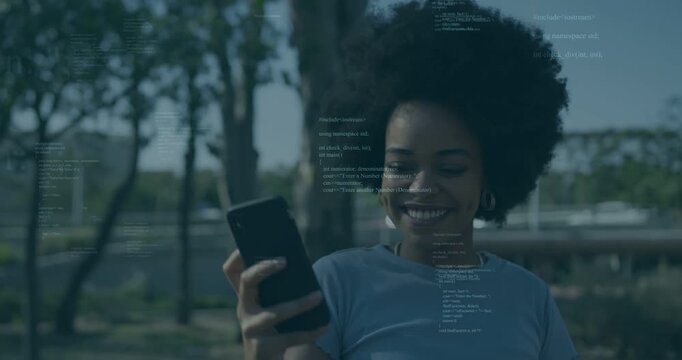 Woman raising smartphone, framing selfie then scrolling tech texts in park, code overlay persisting