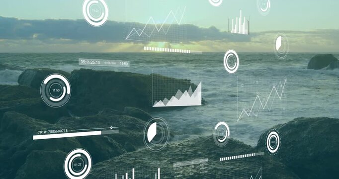 Data overlays appearing over rocky shore and ocean, shifting graphs and dials for marine analytics