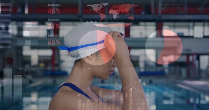 Woman swimmer raising hand to goggles adjusting cap strap at pool preparing swim, data overlaying