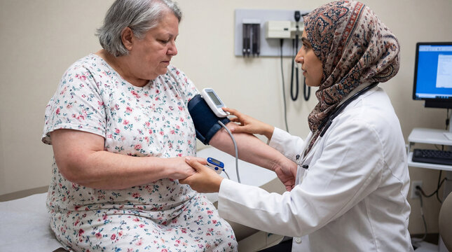 Doctor measuring blood pressure of obese patient during medical checkup