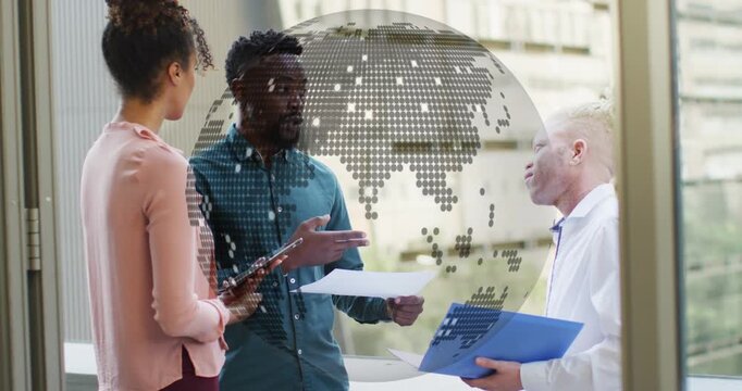 Center man starting meet, passing sheet while team checks tablet, globe over biz team aligning plan