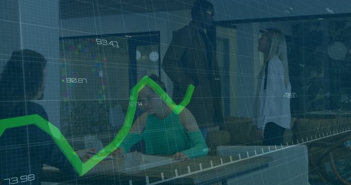 Sweeping line chart overlay causing seated woman green gesturing writing for business meeting