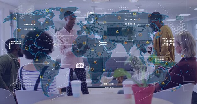Presenter pointing tablet and briefing team, starting business map evolving into icons, hex nodes