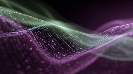 Naklejka premium Binary code numbers forming an abstract waveform, representing digital data stream, information flow, and modern technology concepts against a dark, purple, and green background