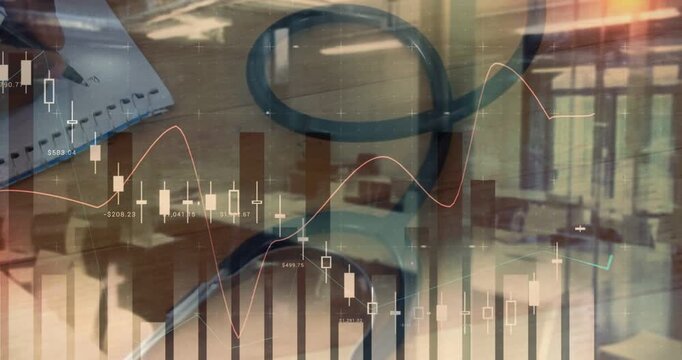 Finance analyst taking notes while candlestick charts fade in over desk notebook for analysis