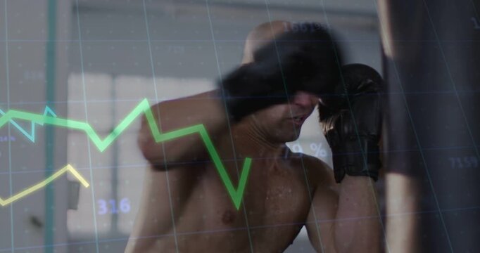 Male boxer raising guard and striking heavy bag for fitness, refining defense with chart overlay