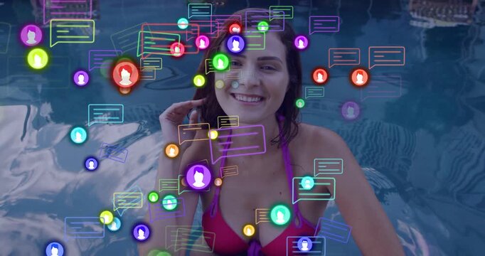 Woman in pool touching hair and smiling while incoming social icons multiplying for engagement
