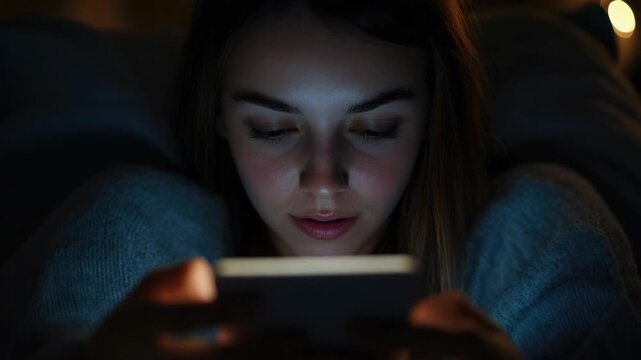 A woman sitting in bed, looking at her phone. The video has a glitch effect overlay.