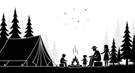 Family sitting around a campfire near a tent in the forest silhouette illustration. © Khalil_Ozanich