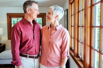 Caucasian middle aged couple standing together and smiling at each other near window, expressing partnership and home life. Ideal for relationship marketing, insurance, retirement planning