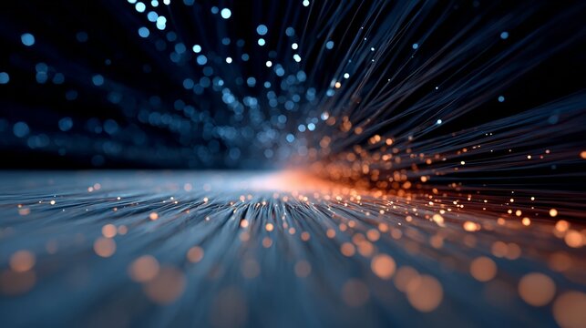 Fiber optic cables with glowing blue and orange particles streaming across a dark background, visualizing high speed digital data transmission and global network connections