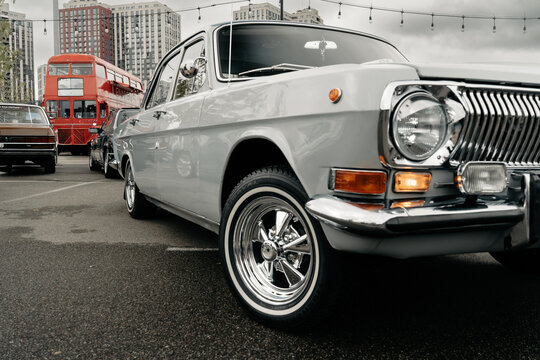 Classic White Sedan at KyivCarFest in Kyiv, Ukraine