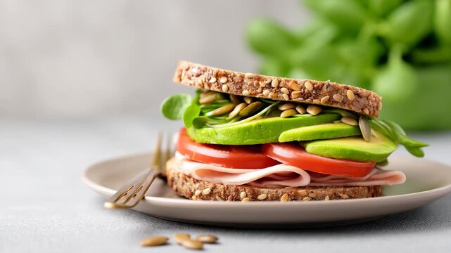 Delicious Sandwich with Whole Grain Bread, Avocado, Tomato, Ham, and Spinach Perfect Meal for Healthy Eating