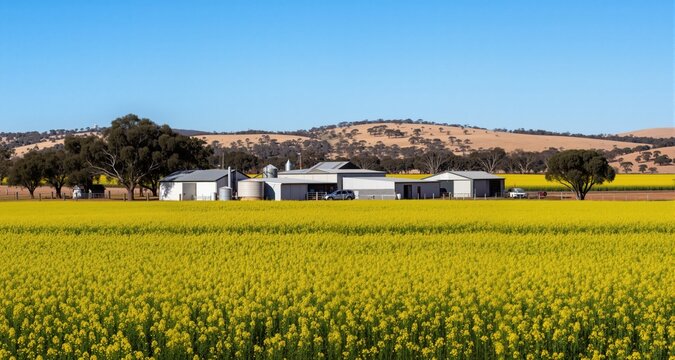Farm in a rape field in spring blossom, Western Australia, Australia, Pacific
