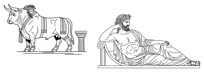 Ancient greek god resting on couch near decorated bull in classical engraving style © Cristiano