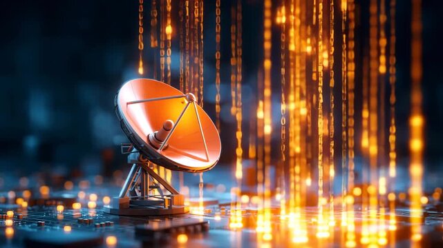 Glowing Satellite Dish Circuit Board with Digital Data Streams Futuristic Landscape Symbolizing Advanced Technology