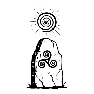 Megalithic stone with triskele symbol and spiral sun in ancient woodcut style