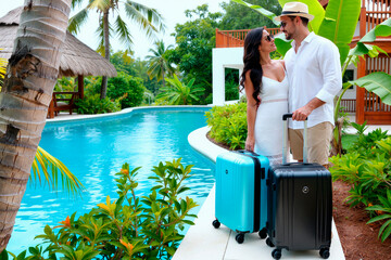 Caucasian couple arriving at tropical resort, standing by pool with rolling suitcases and planning luxury vacation getaway. Useful for travel booking, honeymoon promotion, hospitality marketing