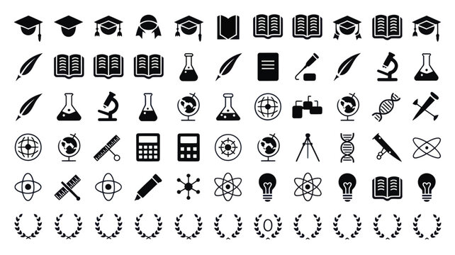 Set of 60 Black and White Education and Science Icons Vector
