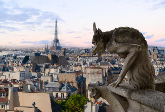 Gargoyle on Notre Dame Cathedral and city of Paris France, retro toned