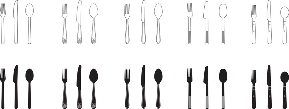 Flatware set collection, fork, knife, spoon, cutlery, editable stroke, vector