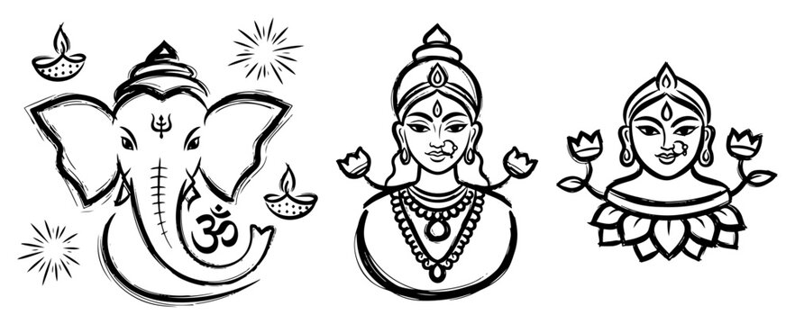 Hindu deities ganesha and lakshmi with oil lamps in decorative line art style