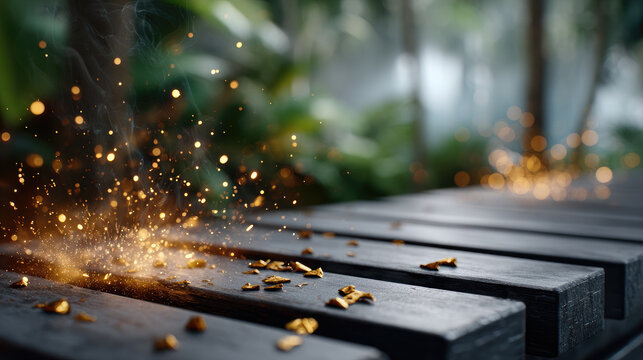 Portable barbecue grill with wooden frame emitting blue smoke and golden sparks, symbolizing grilling, cooking, and outdoor summer party preparations