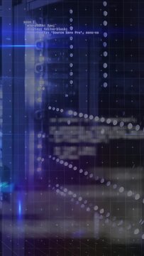 Vertical video: Tech rack receiving data, code scrolling and LED chains tracing depth monitoring