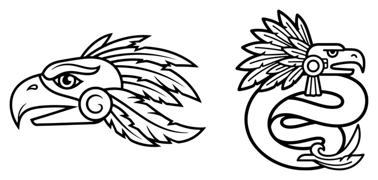 Aztec eagle and feathered serpent Quetzalcoatl symbols in minimalist line art style