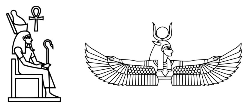 Ancient Egyptian deities Isis and pharaoh with wings and ankh in minimalist line art style