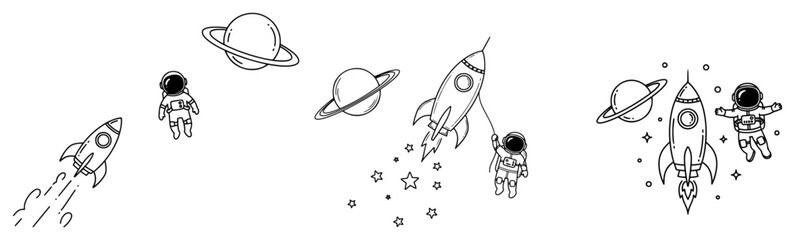 Space exploration doodle set with astronauts rockets and planets in thin line art style © Cristiano