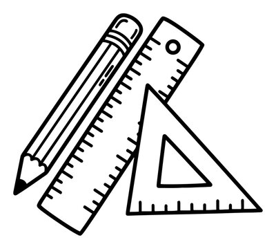 School supplies set with pencil ruler and triangle ruler in thick line art style