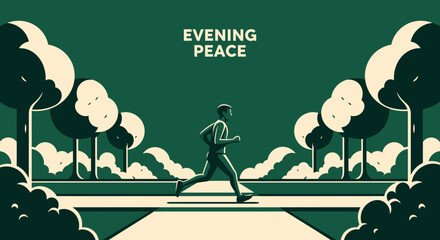 Obraz premium Man Running Serene Evening Park Scenic Tranquil Landscape