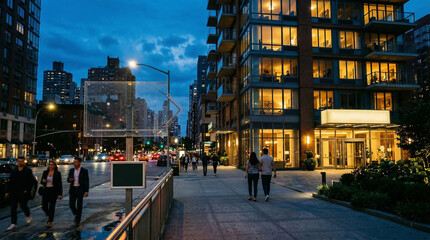 Fototapeta premium Blurry motion shot of diverse busy people walking quickly down a wide city sidewalk illuminated by glowing streetlights and modern corporate building windows at dusk