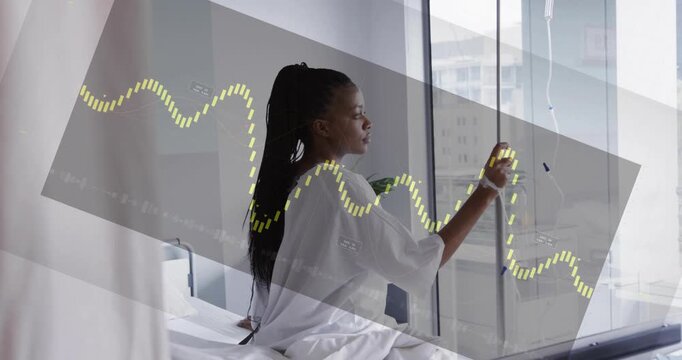 Animated waveform appearing triggers patient reaching and sliding up IV pole as gazing out window