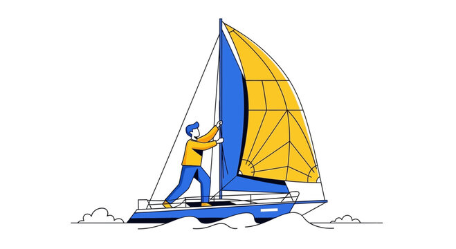 Man Sailing Yacht Wind Blue Yellow Sails Nautical Journey Adventure